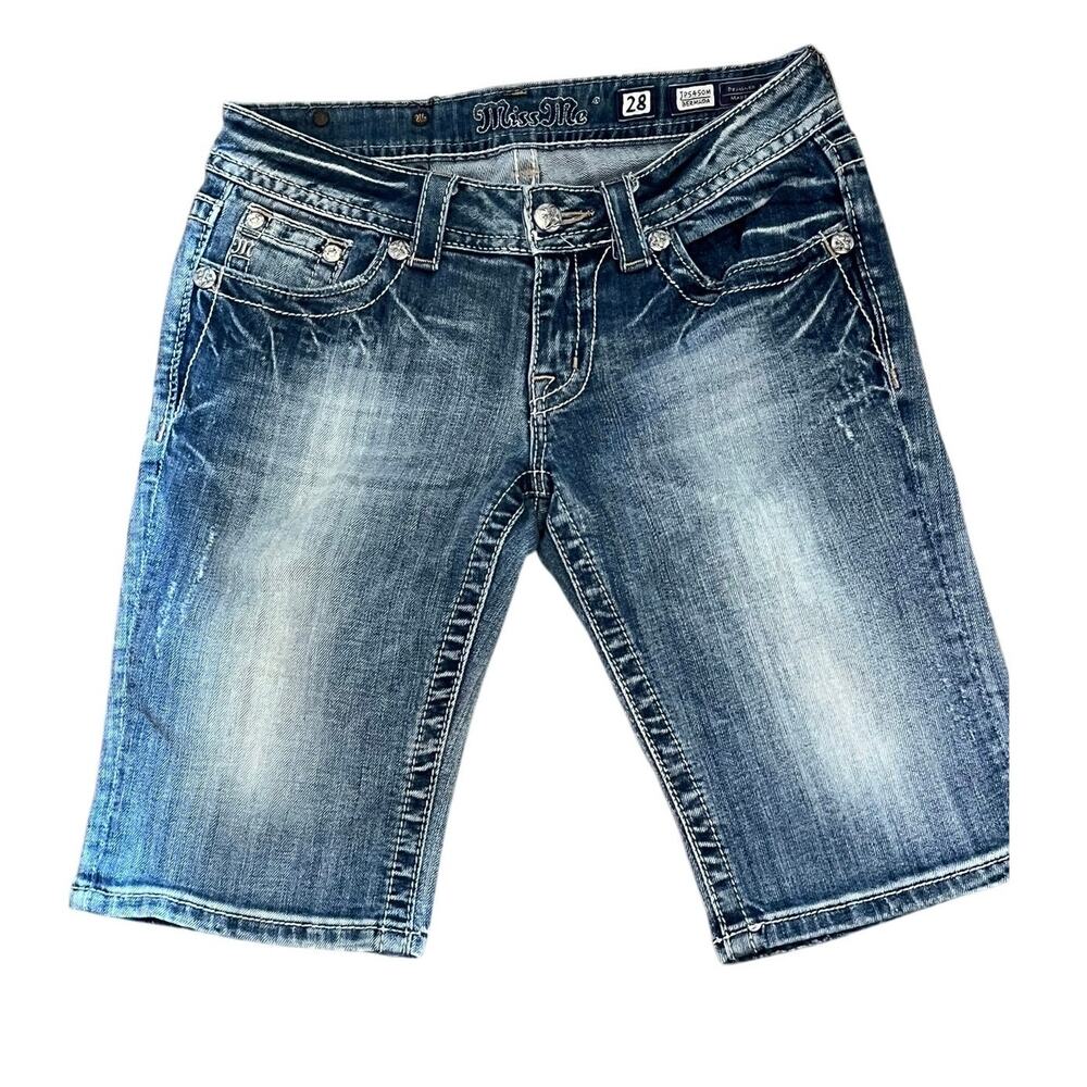Miss Me Bermuda Denim Shorts Size 28 Embellished Pockets Distressed Wash